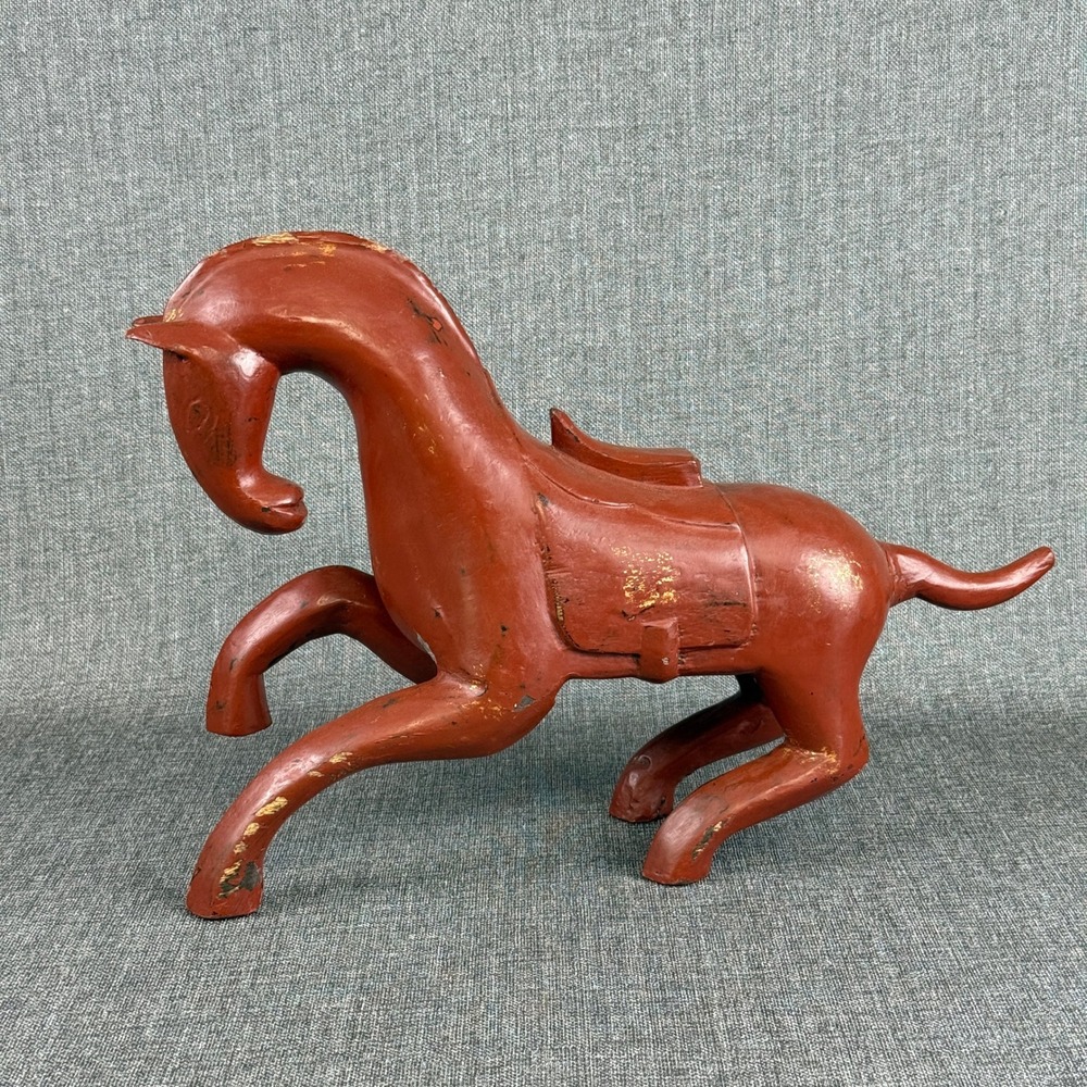 Vintage Hand Carved Wood Horse Sculpture Red Gold Painted Folk Art 17"